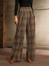 Anewsta High Waisted Straight Leg Plaid Wool Blend Pants For Office Lady, Autumn/Winter